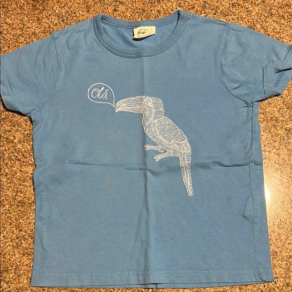Mini Boden Light Blue Graphic T-Shirt with embroidered Toucan Design